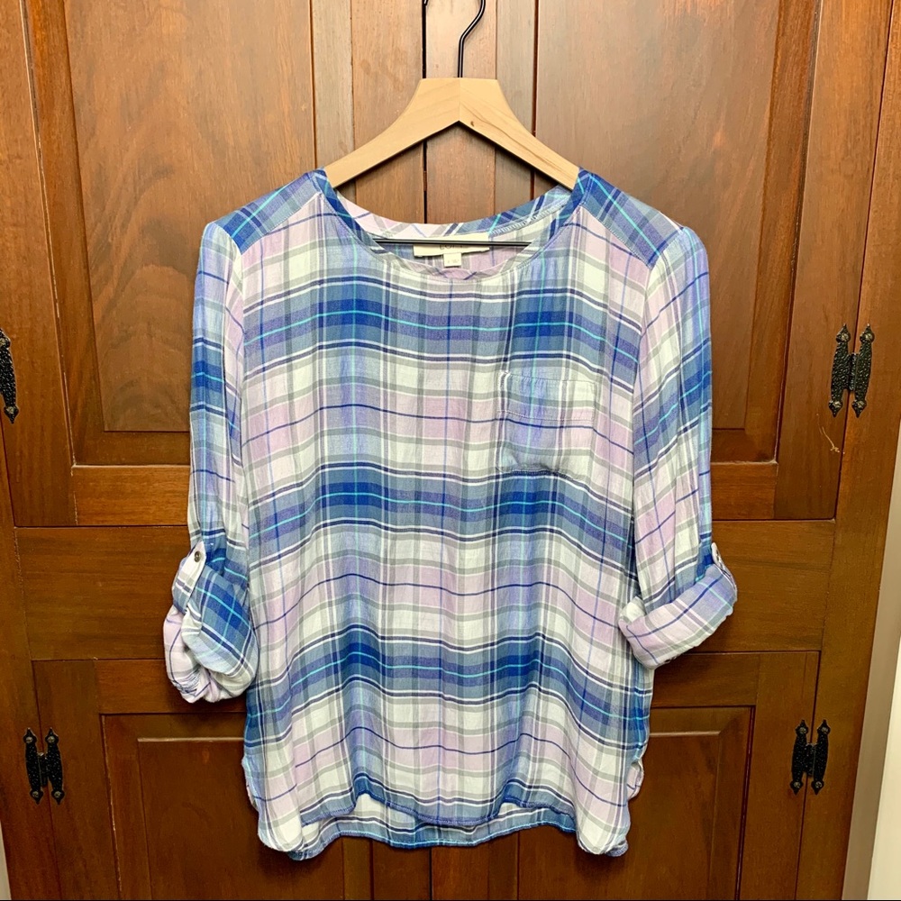 Ann Taylor Loft purple blue plaid shirt S